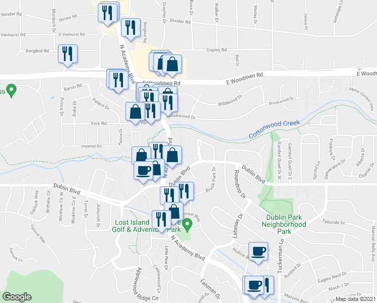 map of restaurants, bars, coffee shops, grocery stores, and more near 6609 Dublin Place in Colorado Springs