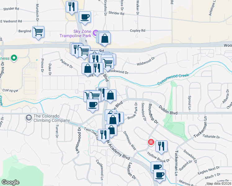 map of restaurants, bars, coffee shops, grocery stores, and more near 6655 North Academy Boulevard in Colorado Springs