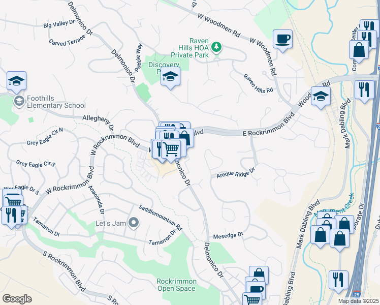 map of restaurants, bars, coffee shops, grocery stores, and more near 6625 Delmonico Drive in Colorado Springs