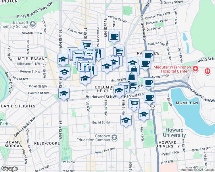 map of restaurants, bars, coffee shops, grocery stores, and more near 3009 13th Street Northwest in Washington