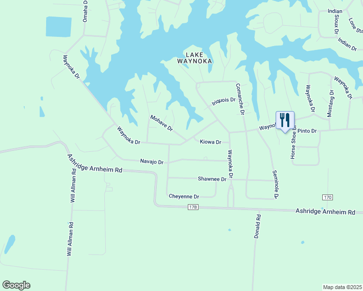 map of restaurants, bars, coffee shops, grocery stores, and more near 59 Waynoka Drive in Brown County