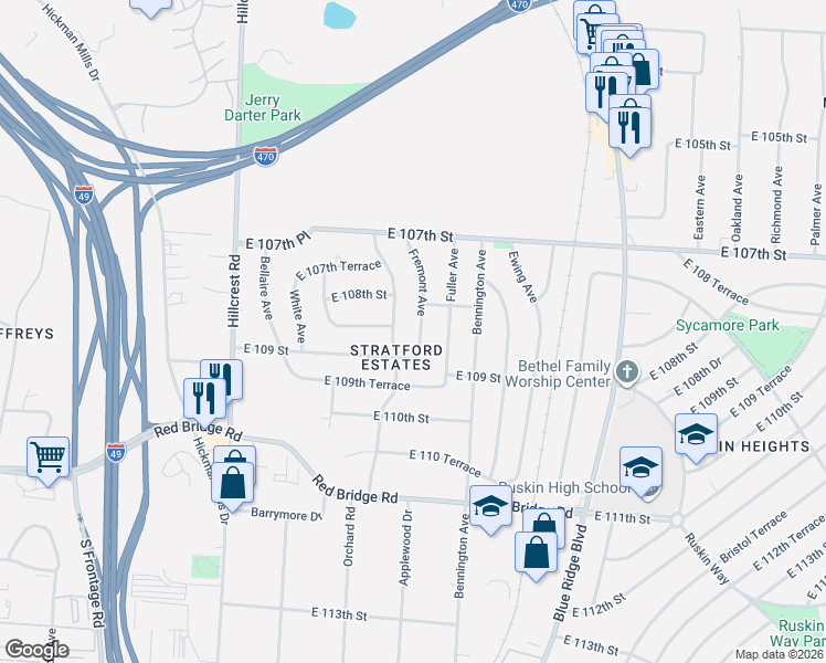 map of restaurants, bars, coffee shops, grocery stores, and more near 10817 Beacon Avenue in Kansas City