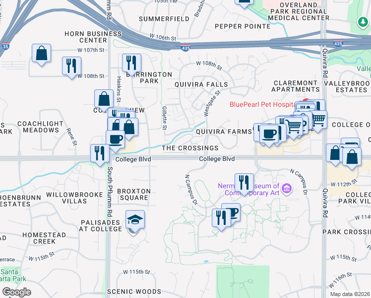 map of restaurants, bars, coffee shops, grocery stores, and more near 12759 West 110th Terrace in Overland Park