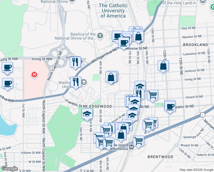 map of restaurants, bars, coffee shops, grocery stores, and more near 419 Brookland Grove Drive in Washington