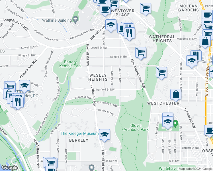 map of restaurants, bars, coffee shops, grocery stores, and more near 2911 45th Street Northwest in Washington