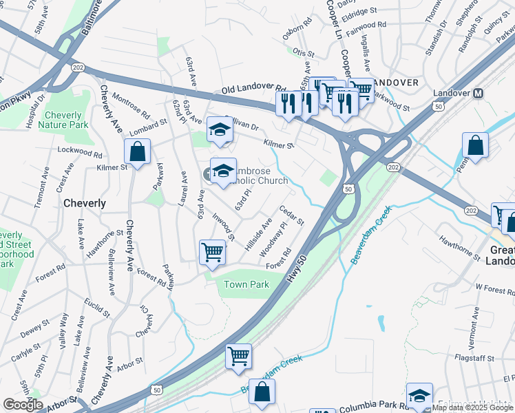 map of restaurants, bars, coffee shops, grocery stores, and more near 2910 Cheverly Oak Ct in Cheverly