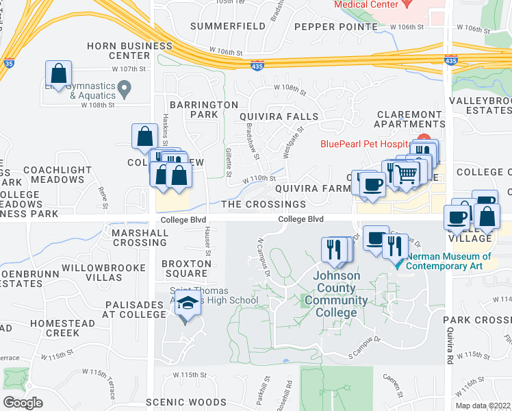 map of restaurants, bars, coffee shops, grocery stores, and more near 12753 West 110th Terrace in Overland Park