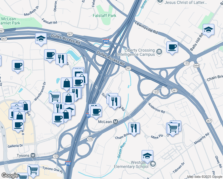 map of restaurants, bars, coffee shops, grocery stores, and more near 1530 Spring Gate Drive in McLean