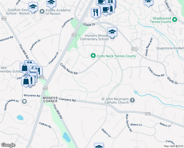map of restaurants, bars, coffee shops, grocery stores, and more near 12113 Stirrup Road in Reston