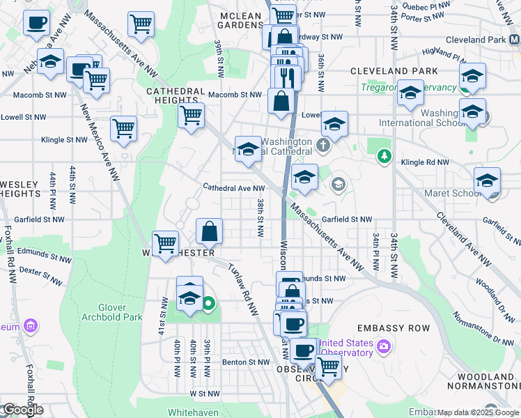 map of restaurants, bars, coffee shops, grocery stores, and more near 2925 38th Street Northwest in Washington
