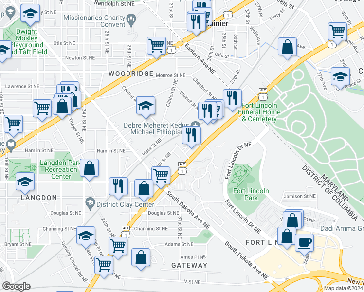 map of restaurants, bars, coffee shops, grocery stores, and more near 2729 Central Avenue Northeast in Washington