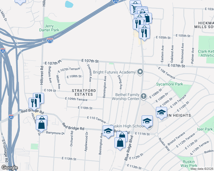 map of restaurants, bars, coffee shops, grocery stores, and more near 10807 Bennington Avenue in Kansas City
