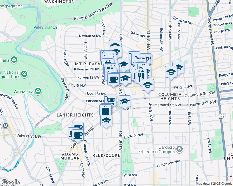 map of restaurants, bars, coffee shops, grocery stores, and more near 3059 Mt Pleasant St NW in Washington