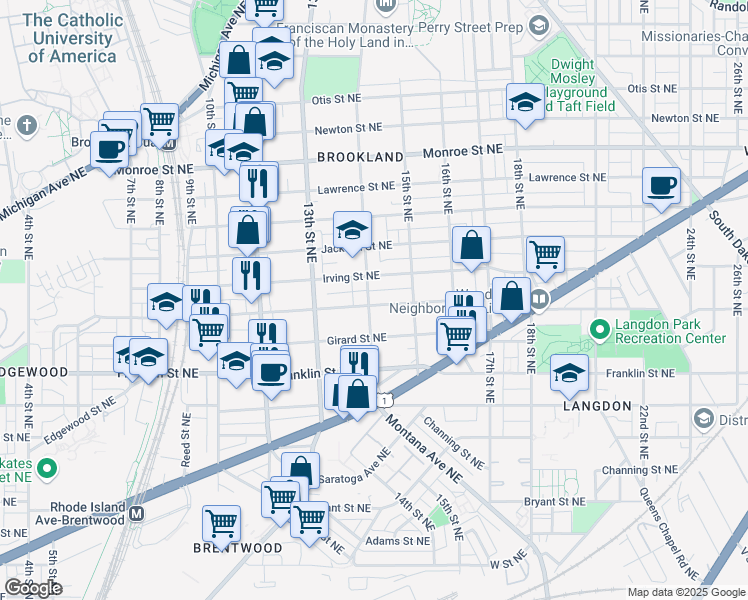 map of restaurants, bars, coffee shops, grocery stores, and more near 1400 Hamlin Street Northeast in Washington