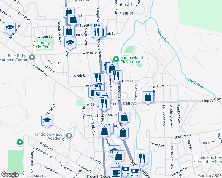 map of restaurants, bars, coffee shops, grocery stores, and more near 711 Warren Avenue in Front Royal
