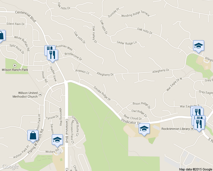 map of restaurants, bars, coffee shops, grocery stores, and more near 6745 Grey Wolf Ct in Colorado Springs