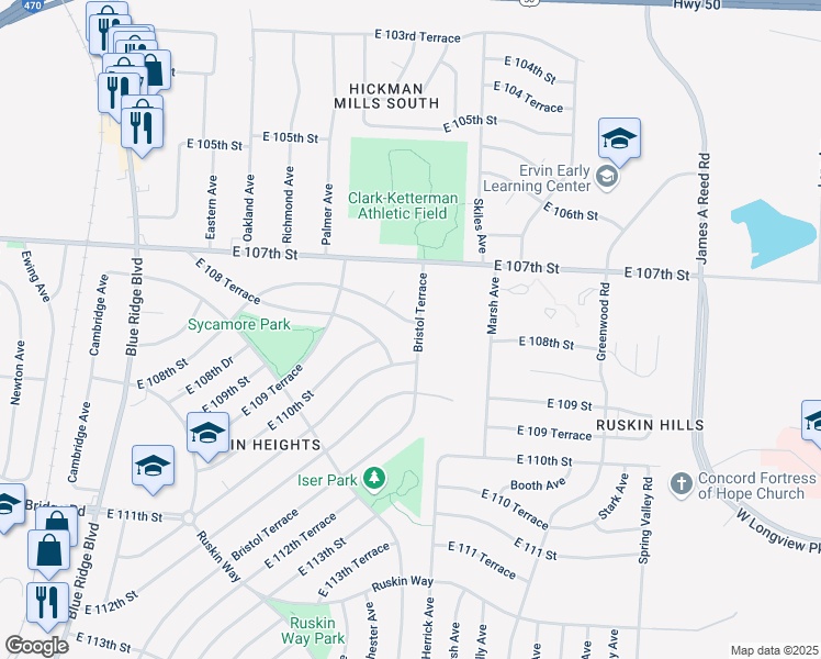 map of restaurants, bars, coffee shops, grocery stores, and more near 7907 East 108th Street in Kansas City