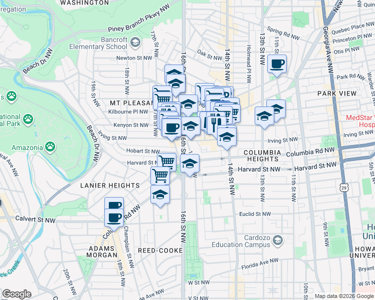 map of restaurants, bars, coffee shops, grocery stores, and more near 3055 16th Street Northwest in Washington