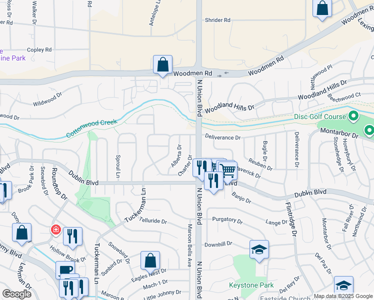 map of restaurants, bars, coffee shops, grocery stores, and more near 6638 Charter Drive in Colorado Springs