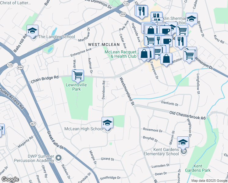 map of restaurants, bars, coffee shops, grocery stores, and more near 1565 Dunterry Place in McLean
