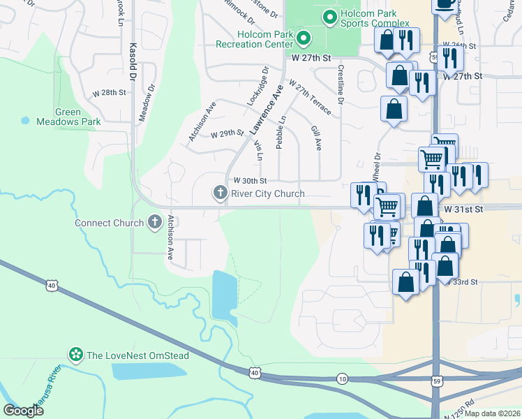 map of restaurants, bars, coffee shops, grocery stores, and more near 2859 West 31st Street in Lawrence