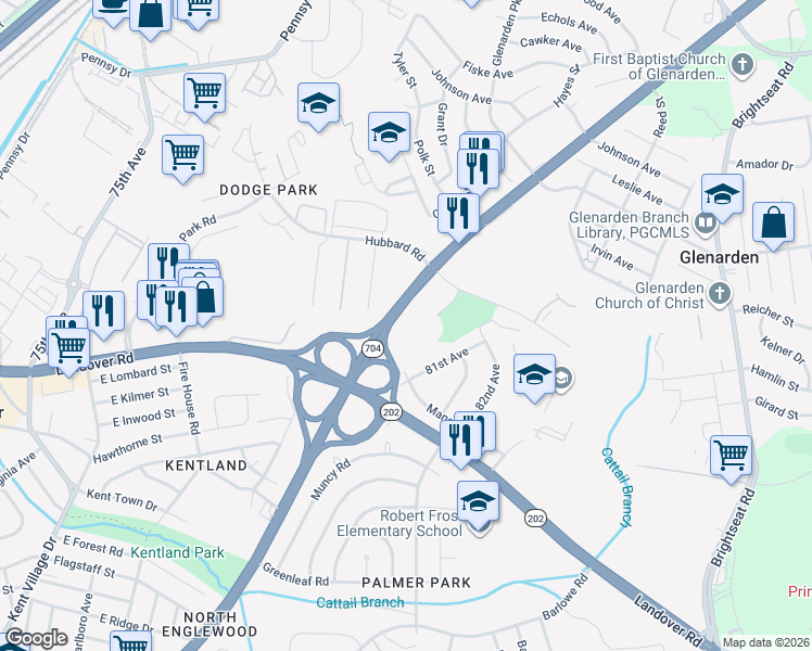 map of restaurants, bars, coffee shops, grocery stores, and more near 2800 Red Oak Lane in Glenarden