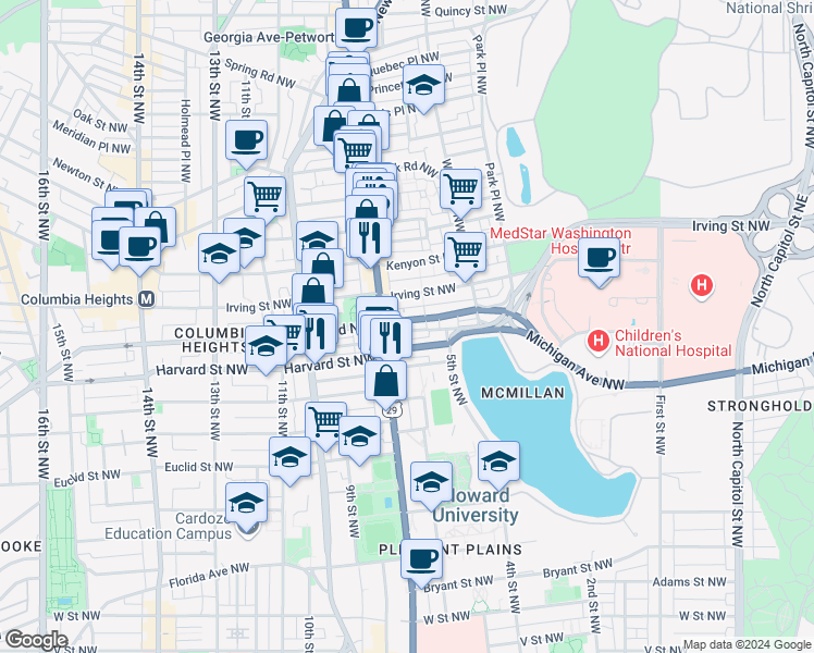 map of restaurants, bars, coffee shops, grocery stores, and more near 640 Columbia Road Northwest in Washington
