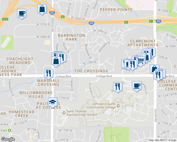 map of restaurants, bars, coffee shops, grocery stores, and more near 12727 West 110th Terrace in Overland Park