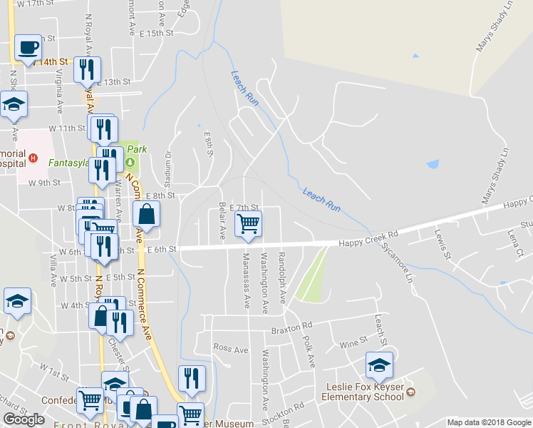 map of restaurants, bars, coffee shops, grocery stores, and more near 627 Washington Avenue in Front Royal