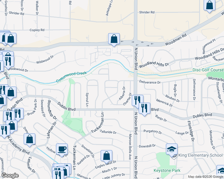 map of restaurants, bars, coffee shops, grocery stores, and more near 2644 Deliverance Drive in Colorado Springs