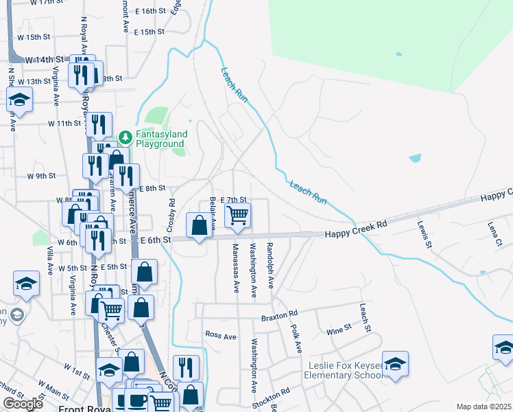 map of restaurants, bars, coffee shops, grocery stores, and more near 627 Washington Avenue in Front Royal
