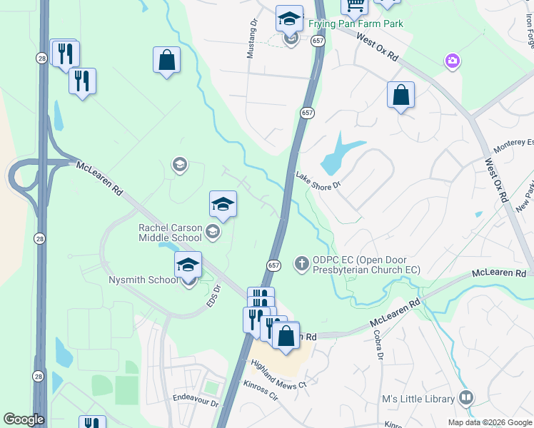 map of restaurants, bars, coffee shops, grocery stores, and more near 13559 Cedar Run Lane in Herndon