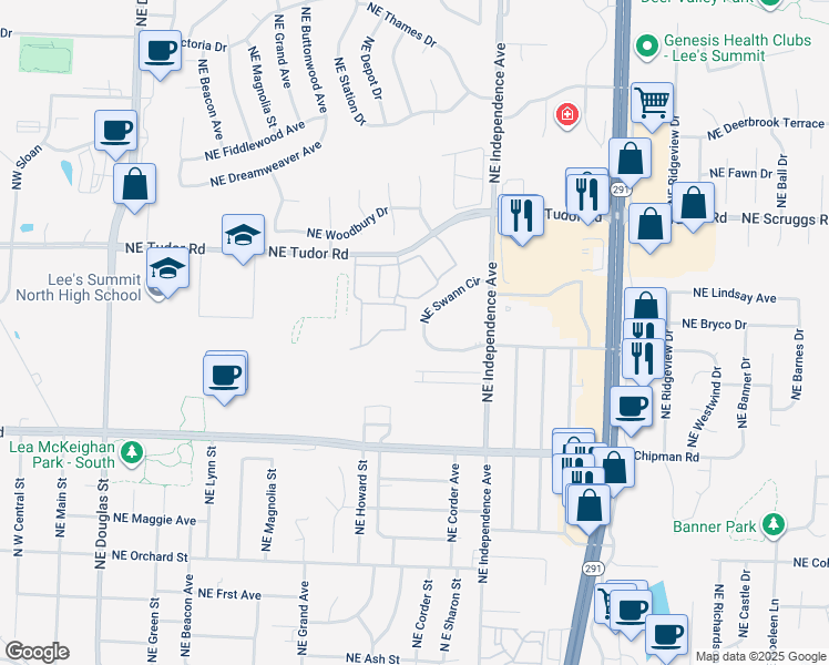 map of restaurants, bars, coffee shops, grocery stores, and more near 653 Northeast Swann Circle in Lee's Summit