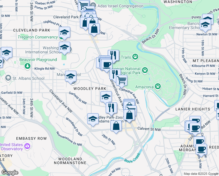 map of restaurants, bars, coffee shops, grocery stores, and more near 2616 Cathedral Avenue Northwest in Washington