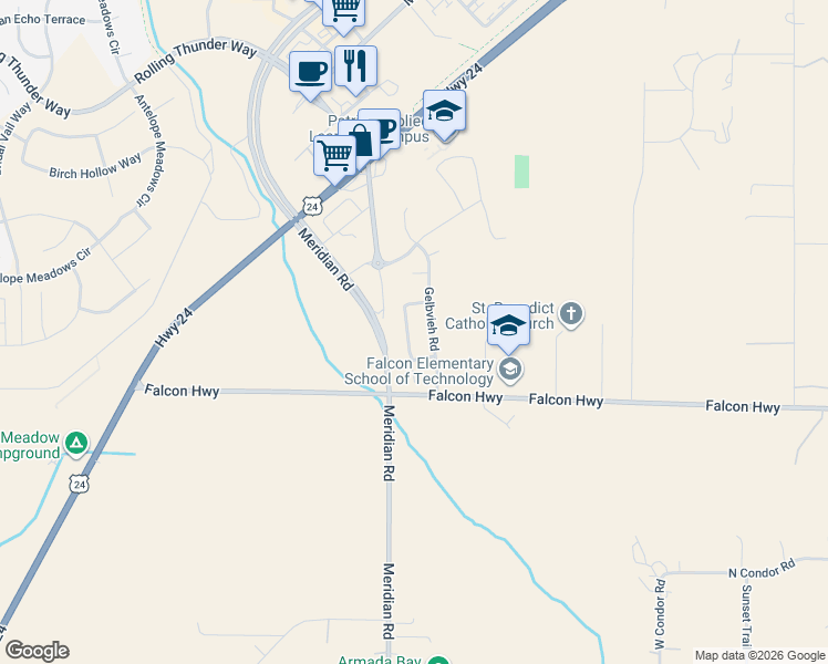 map of restaurants, bars, coffee shops, grocery stores, and more near 6567 Watusi Road in Peyton