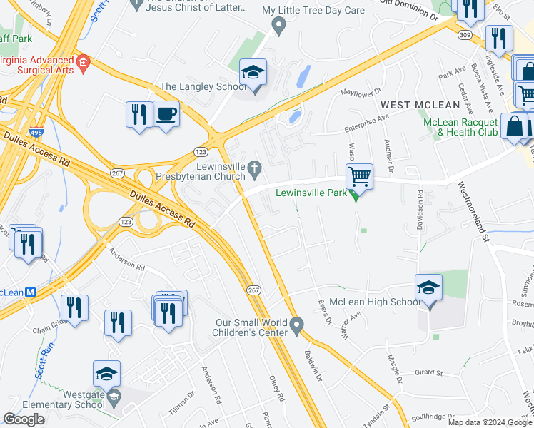 map of restaurants, bars, coffee shops, grocery stores, and more near 2214 McLean Corner Lane in McLean