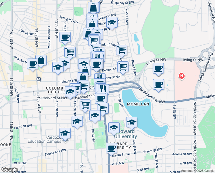 map of restaurants, bars, coffee shops, grocery stores, and more near 640 Columbia Road Northwest in Washington