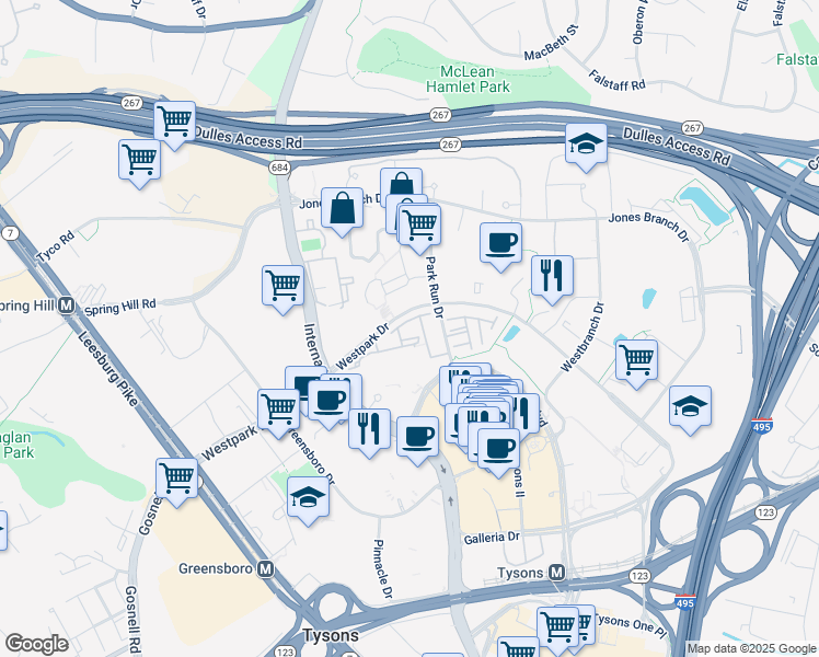map of restaurants, bars, coffee shops, grocery stores, and more near 1554 Onyx Drive in Tysons