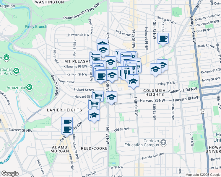 map of restaurants, bars, coffee shops, grocery stores, and more near 3055 16th Street Northwest in Washington