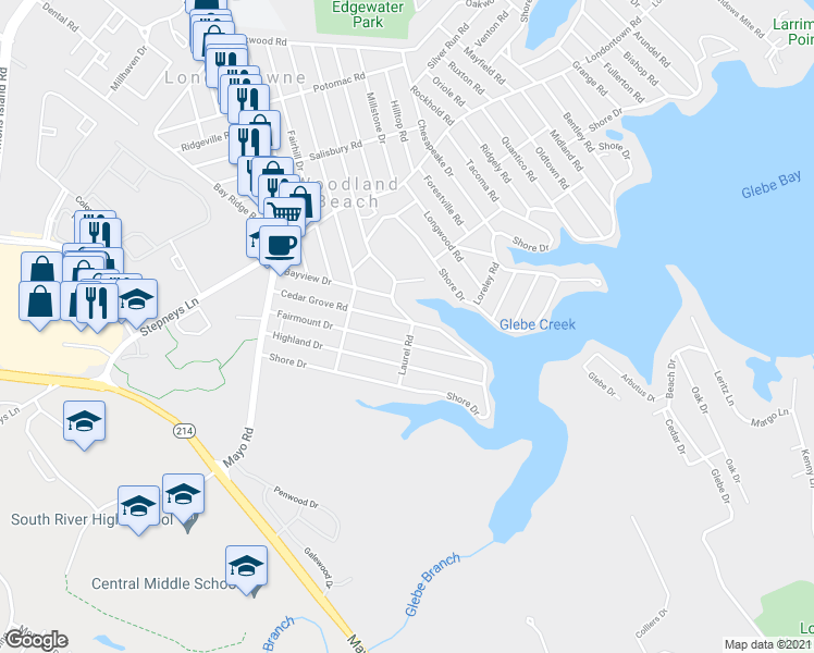 map of restaurants, bars, coffee shops, grocery stores, and more near 1802 Laurel Road in Edgewater