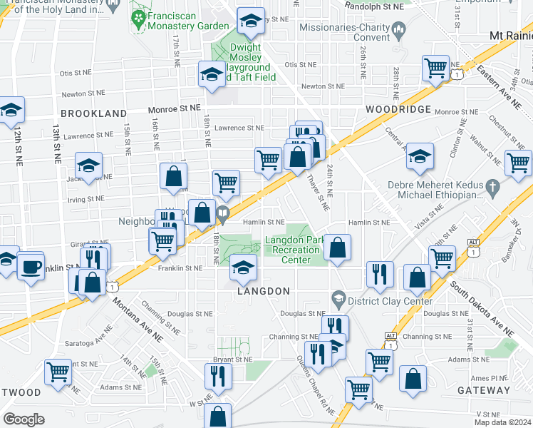 map of restaurants, bars, coffee shops, grocery stores, and more near 3005 20th Street Northeast in Washington