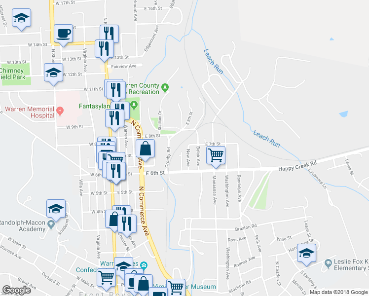 map of restaurants, bars, coffee shops, grocery stores, and more near 710 New Avenue in Front Royal