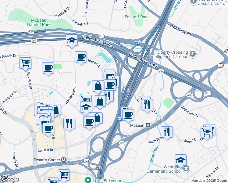 map of restaurants, bars, coffee shops, grocery stores, and more near 7930 Jones Branch Drive in McLean