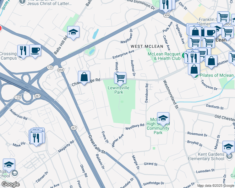 map of restaurants, bars, coffee shops, grocery stores, and more near 1659 Chain Bridge Road in McLean