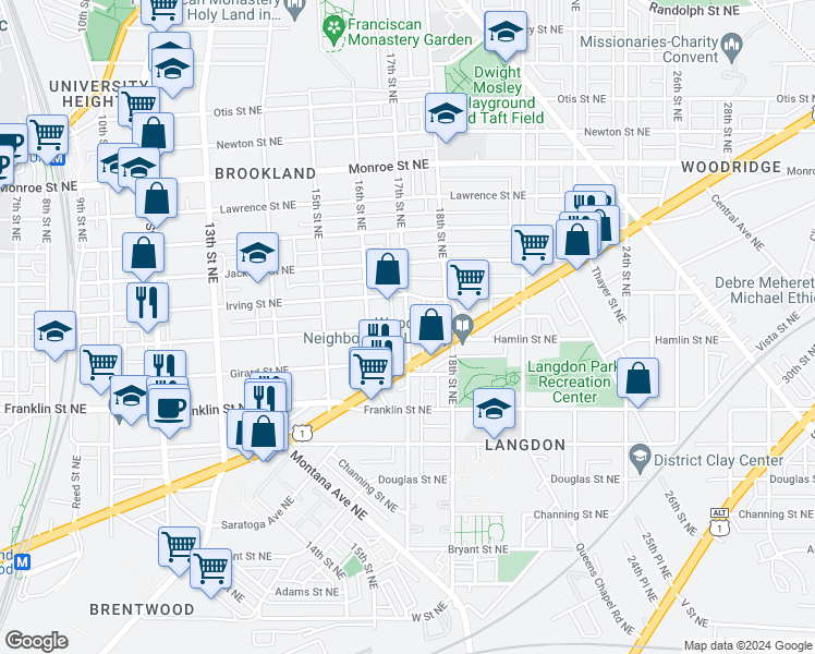 map of restaurants, bars, coffee shops, grocery stores, and more near Hamlin Street Northeast & 17th Street Northeast in Washington