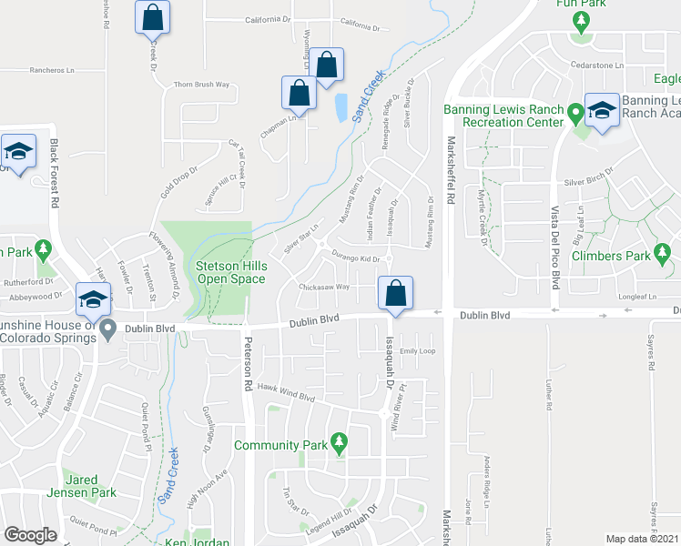 map of restaurants, bars, coffee shops, grocery stores, and more near 6631 Dance Hall Lane in Colorado Springs