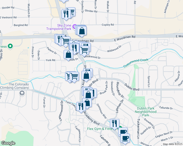 map of restaurants, bars, coffee shops, grocery stores, and more near 6609 Dublin Place in Colorado Springs