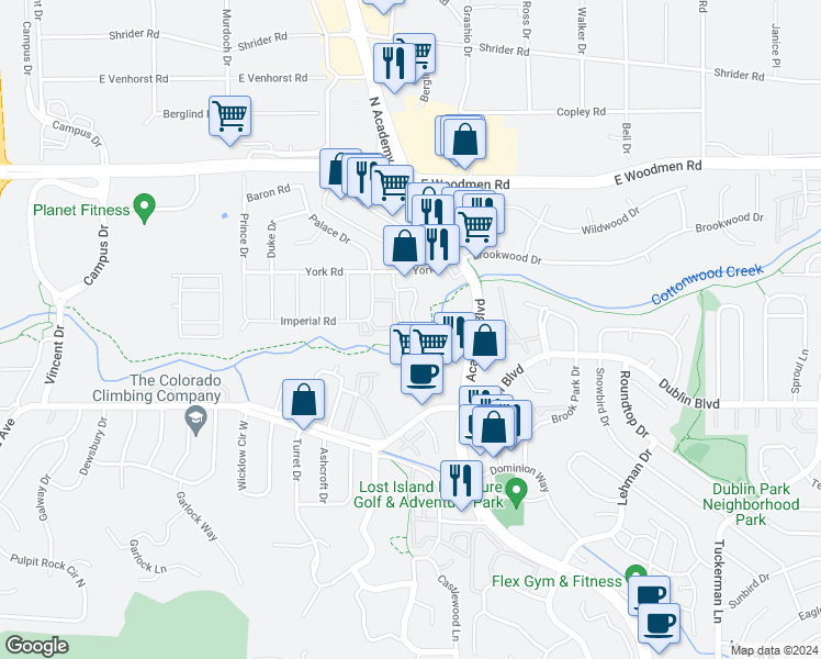 map of restaurants, bars, coffee shops, grocery stores, and more near 6679 Bethesda Point in Colorado Springs