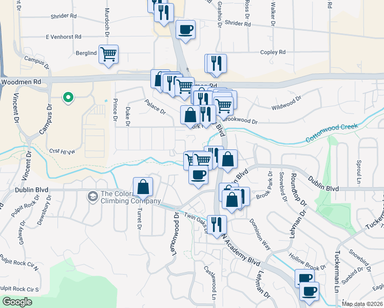 map of restaurants, bars, coffee shops, grocery stores, and more near 6679 Bethesda Point in Colorado Springs