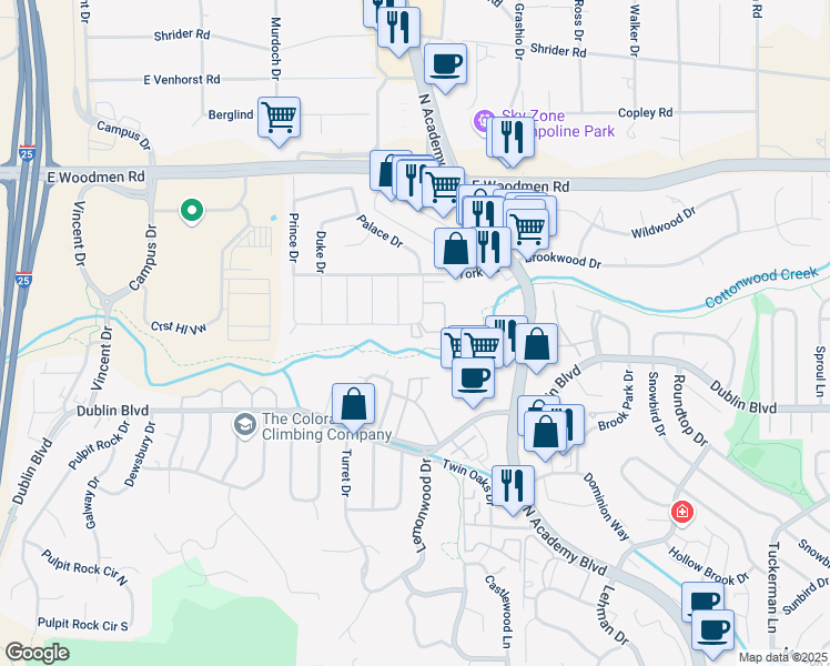 map of restaurants, bars, coffee shops, grocery stores, and more near 1431 Imperial Road in Colorado Springs